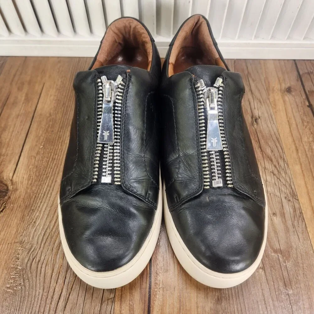 Frye Rebel Lena Womens Sz 9 M Black Leather Zip Vamp Low Top City Sneakers Shoes